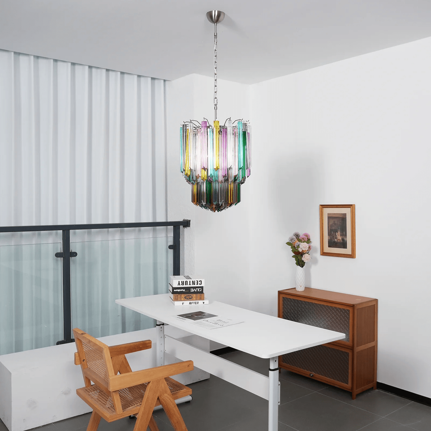Colorful Prismatic Glass Chandelier with Adjustable Height & LED Compa