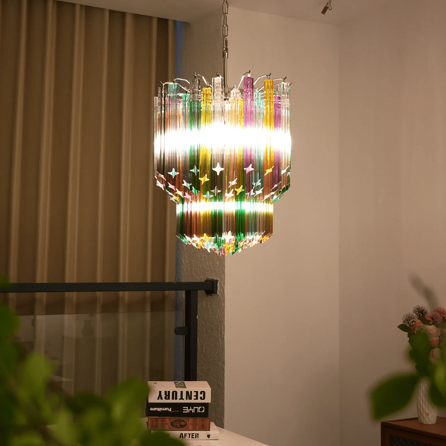Colorful Prismatic Glass Chandelier with Adjustable Height & LED Compa