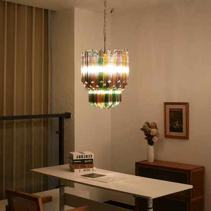 Colorful Prismatic Glass Chandelier with Adjustable Height & LED Compa