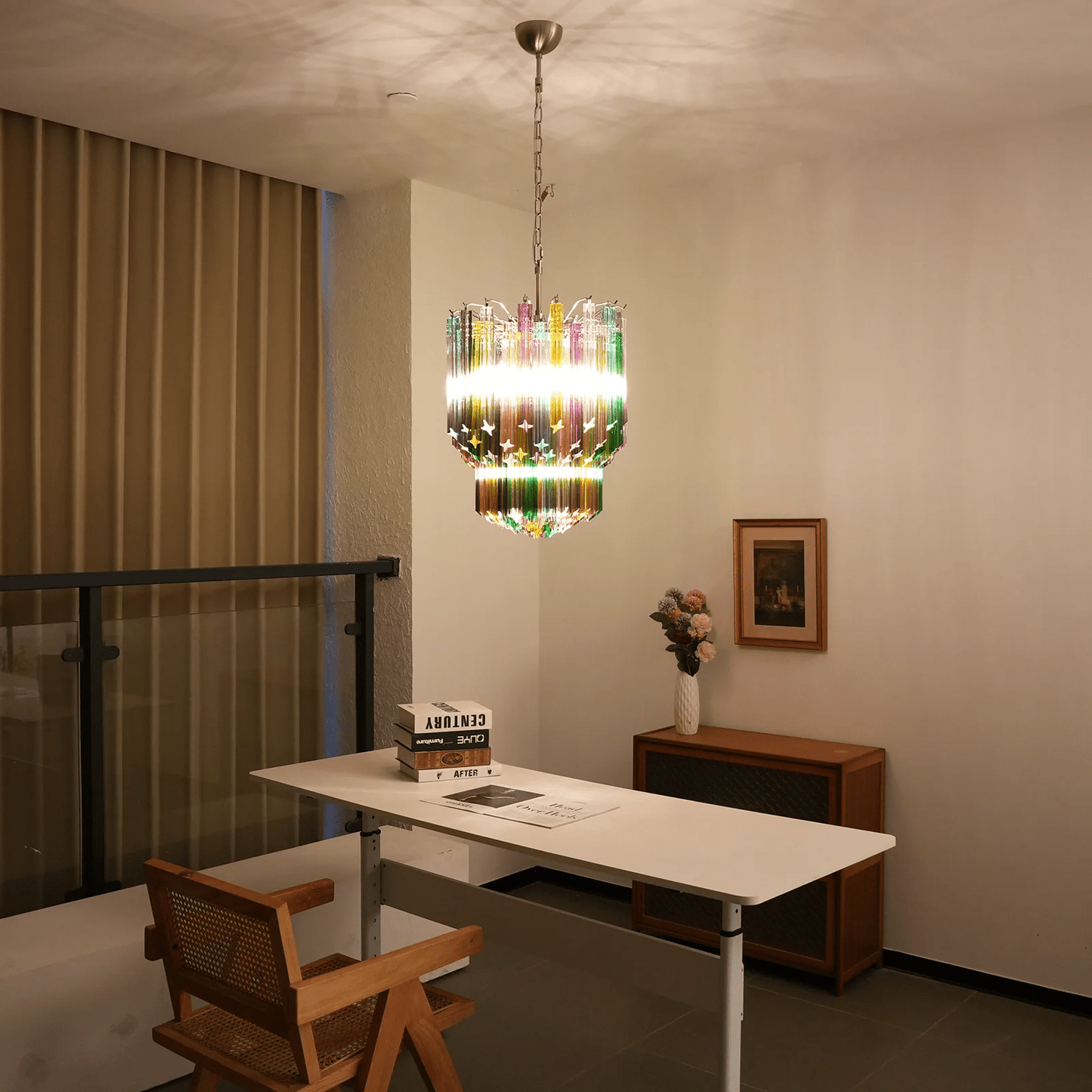 Colorful Prismatic Glass Chandelier with Adjustable Height & LED Compa