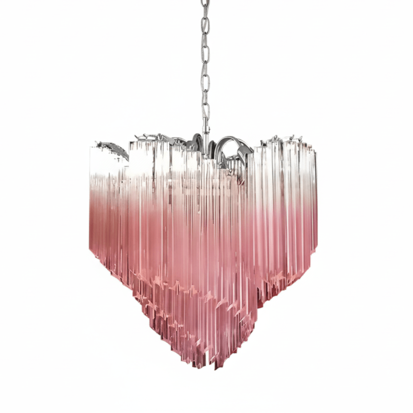 Elegant Glass Pink Prism Chandelier with Adjustable Height & LED Compa