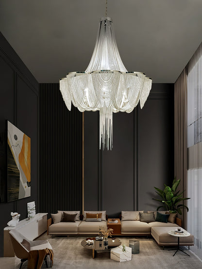 Elegant Silver Chain Tassel Chandelier with Adjustable Height & Modern
