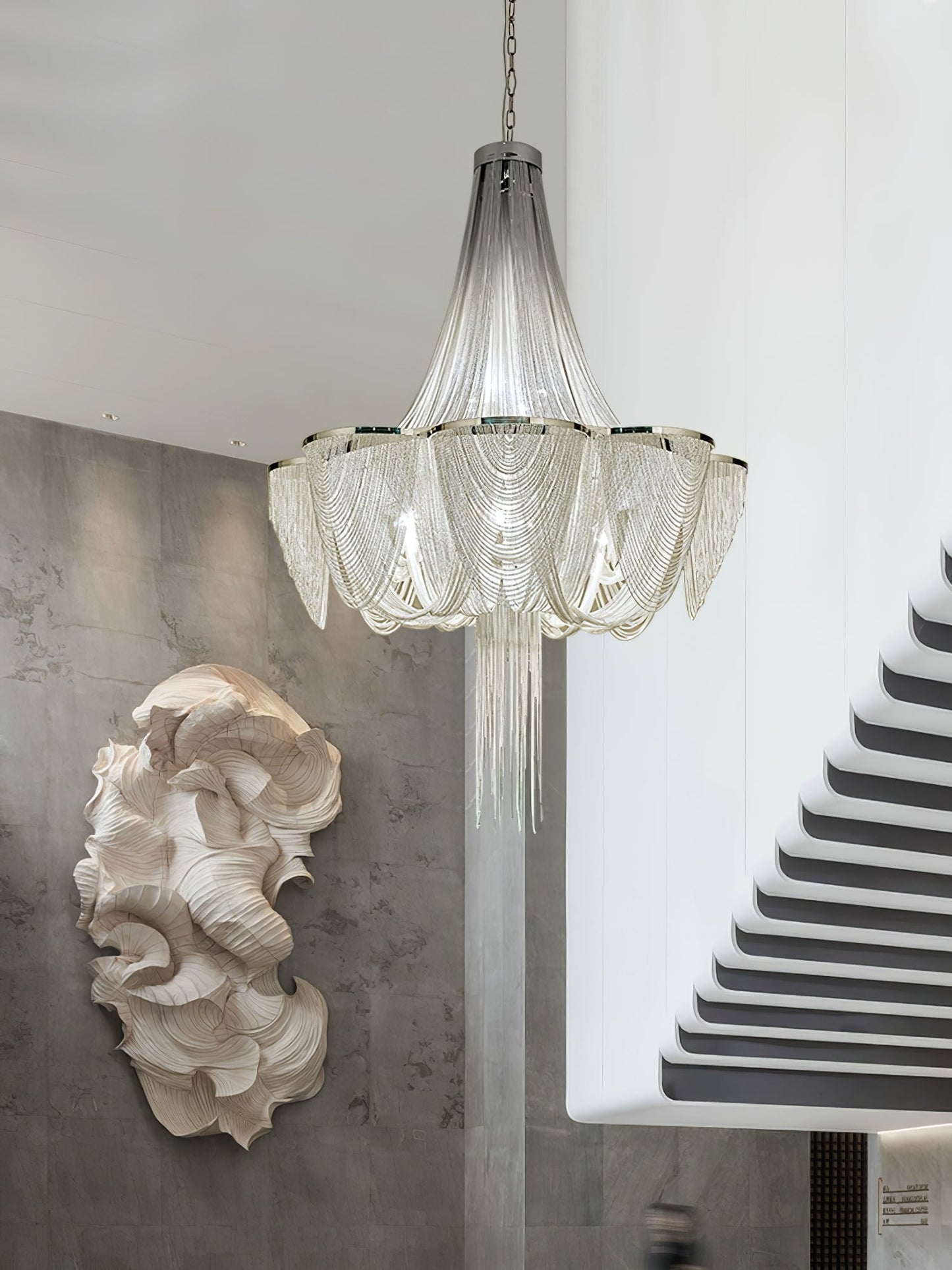 Elegant Silver Chain Tassel Chandelier with Adjustable Height & Modern