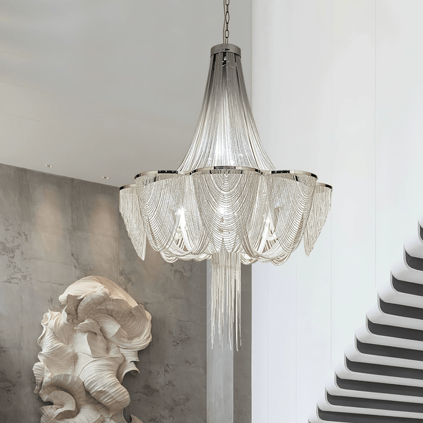 Elegant Silver Chain Tassel Chandelier with Adjustable Height & Modern