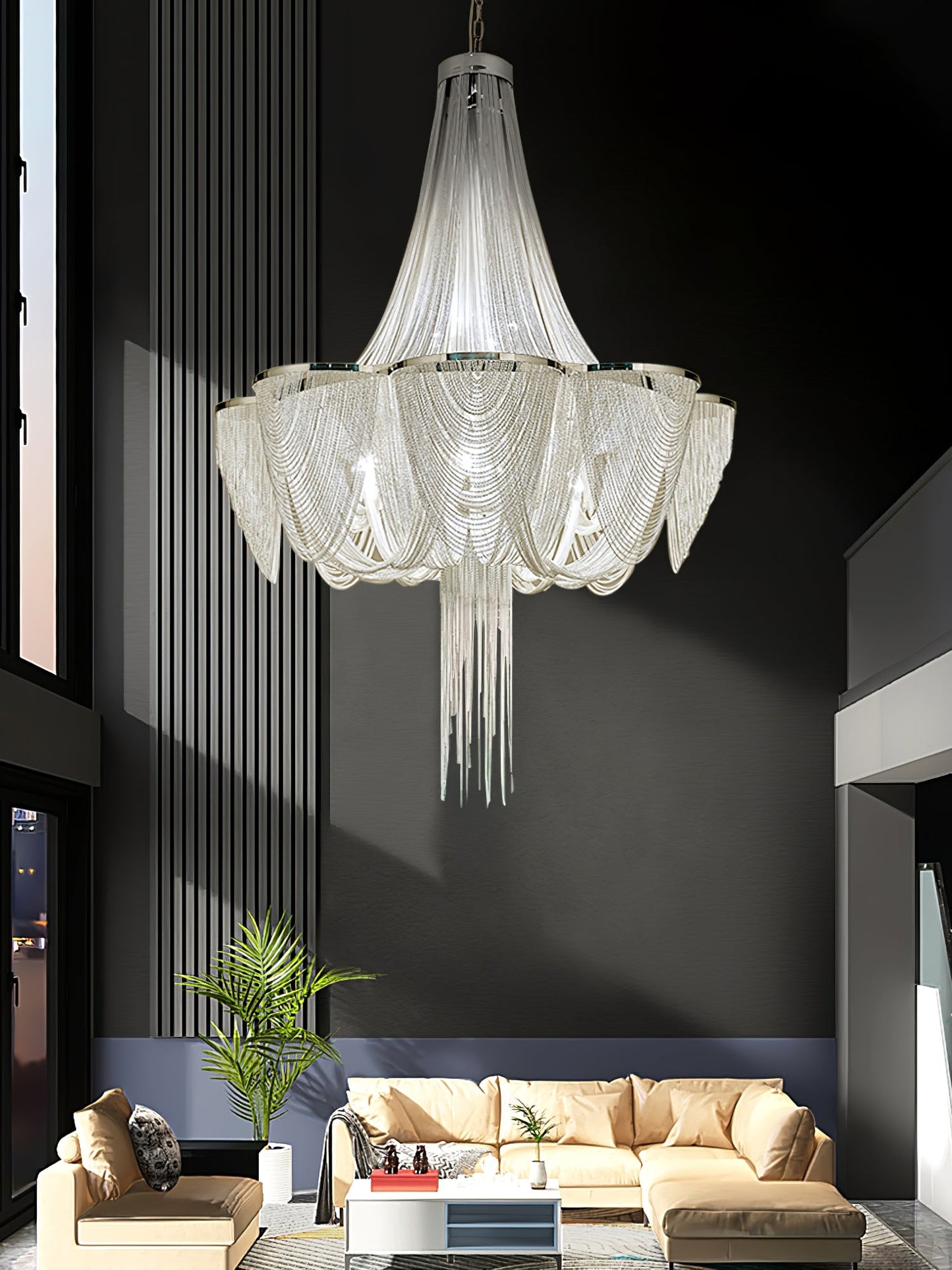 Elegant Silver Chain Tassel Chandelier with Adjustable Height & Modern