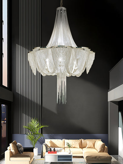 Elegant Silver Chain Tassel Chandelier with Adjustable Height & Modern