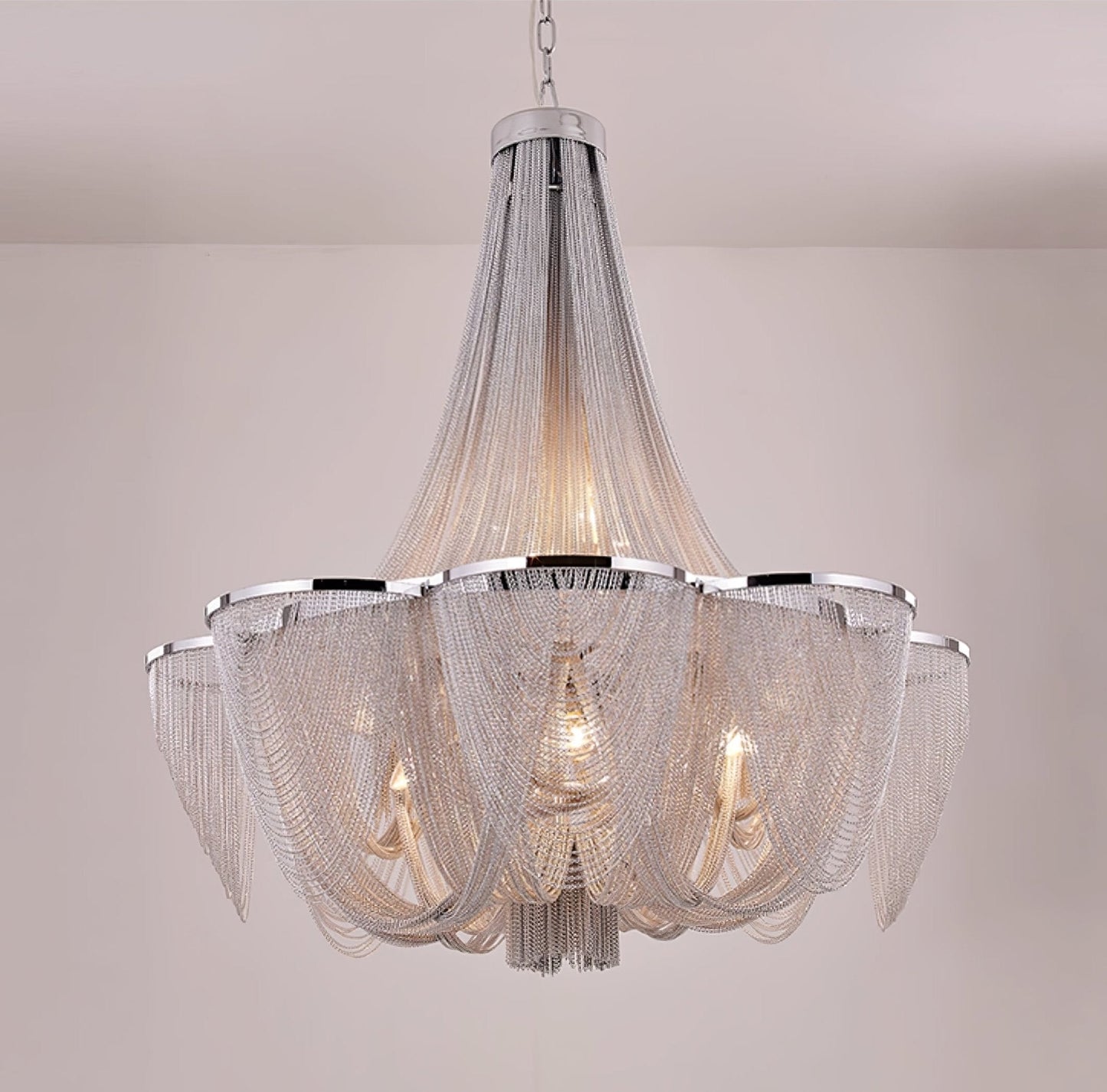 Elegant Silver Chain Tassel Chandelier with Adjustable Height & Modern