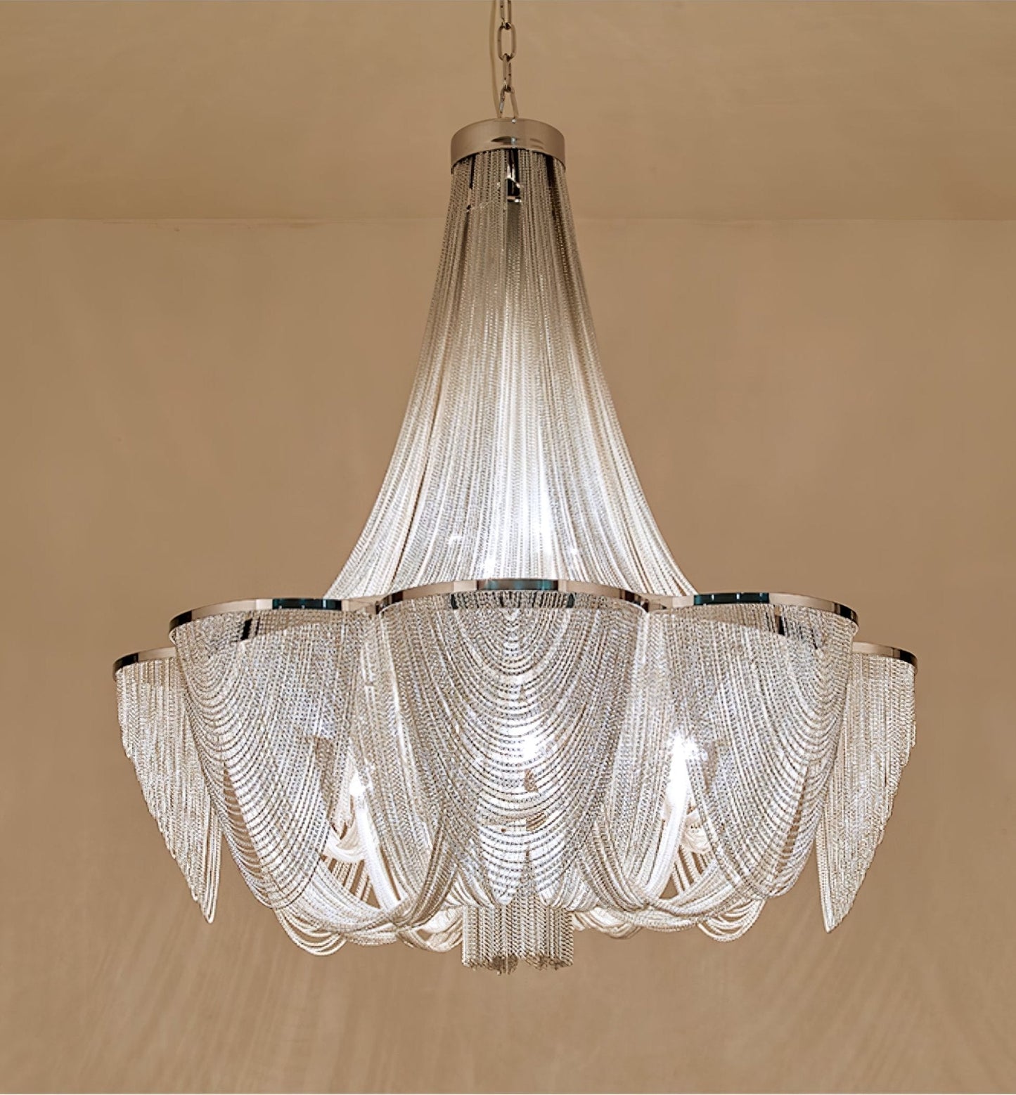 Elegant Silver Chain Tassel Chandelier with Adjustable Height & Modern