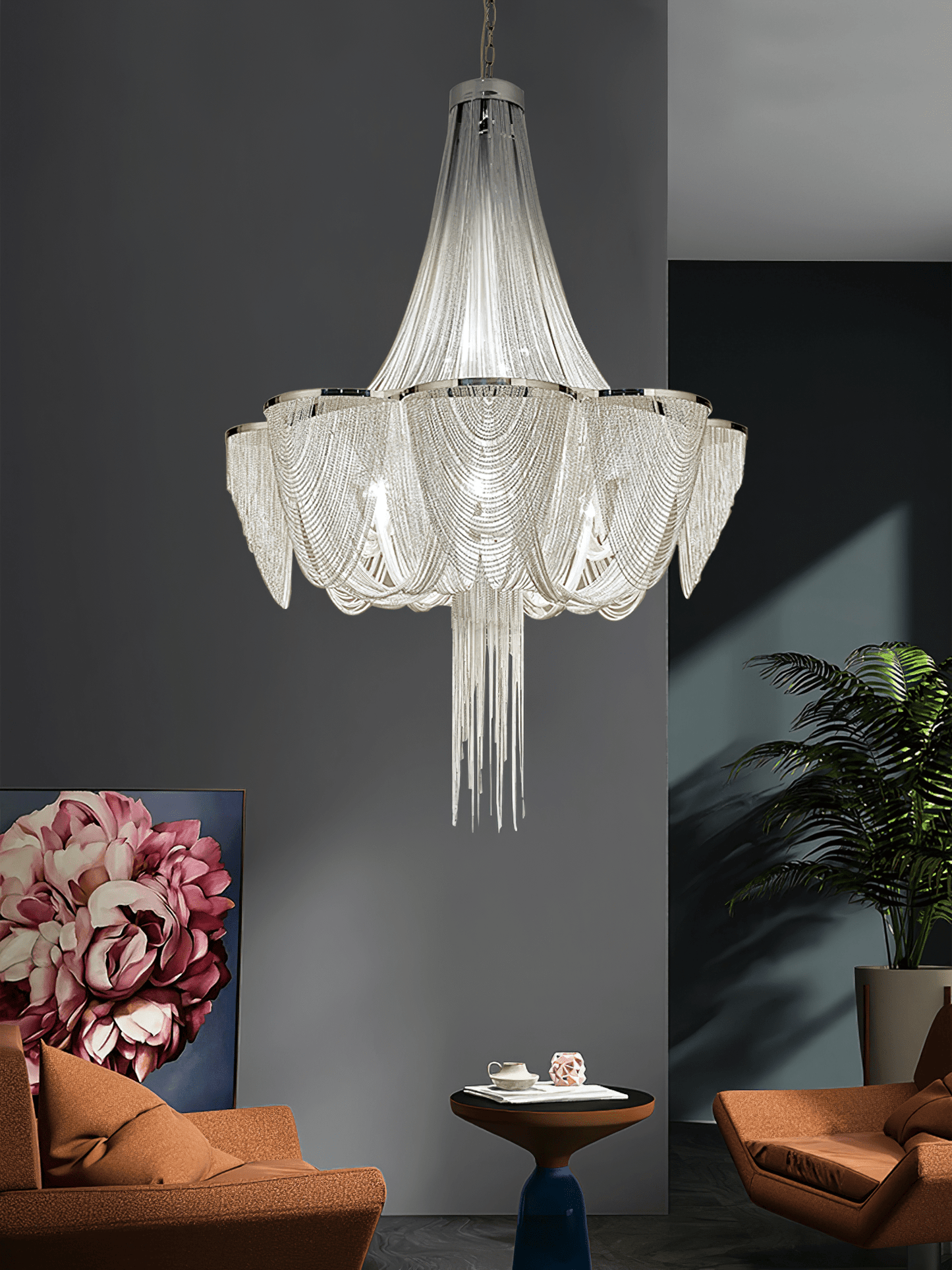 Elegant Silver Chain Tassel Chandelier with Adjustable Height & Modern