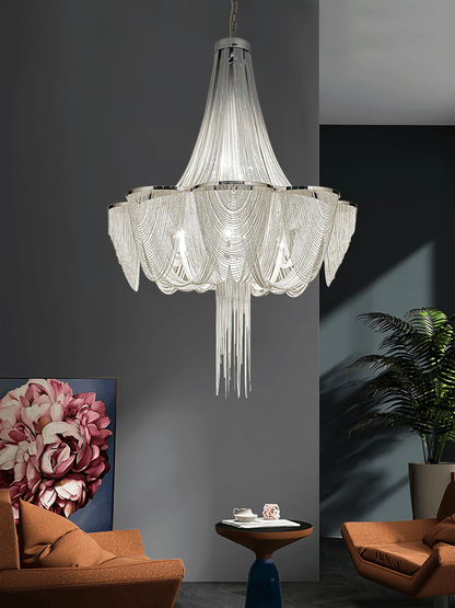 Elegant Silver Chain Tassel Chandelier with Adjustable Height & Modern