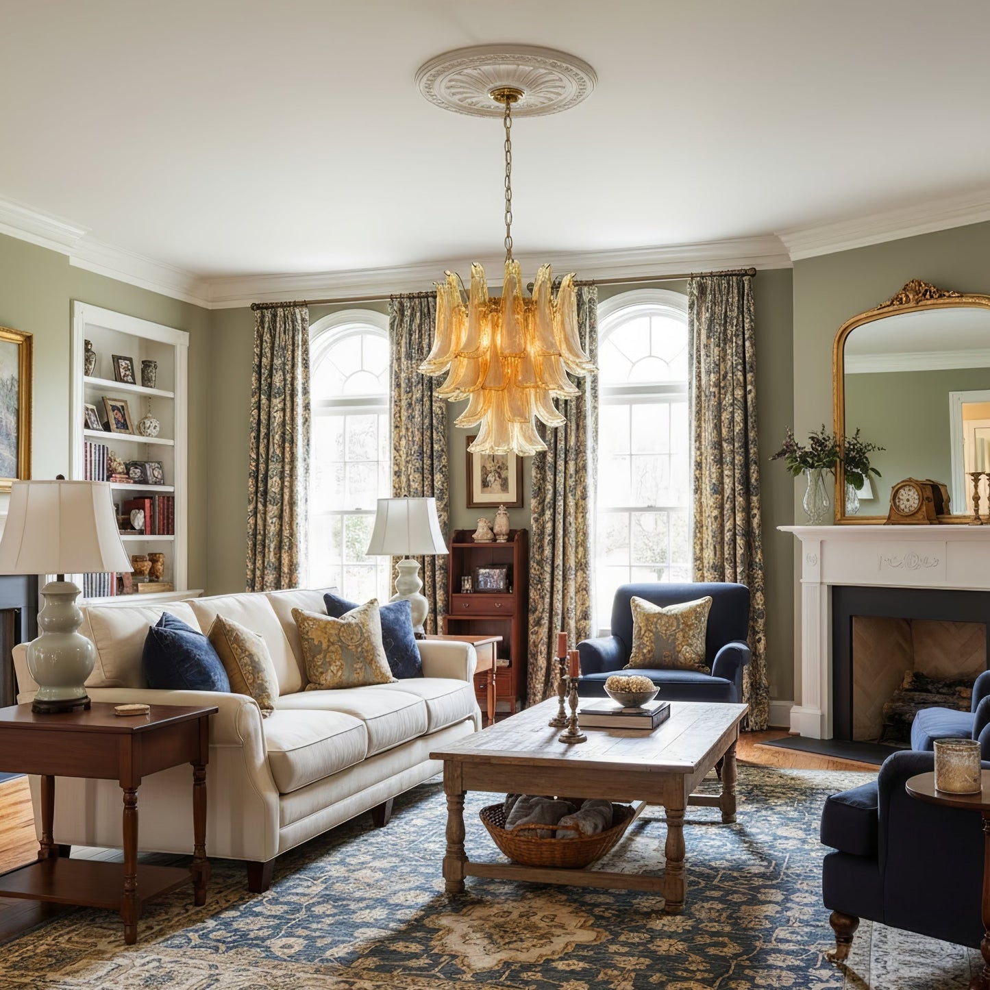 Amber Glass Petals Chandelier - Elegant Design with Adjustable Height