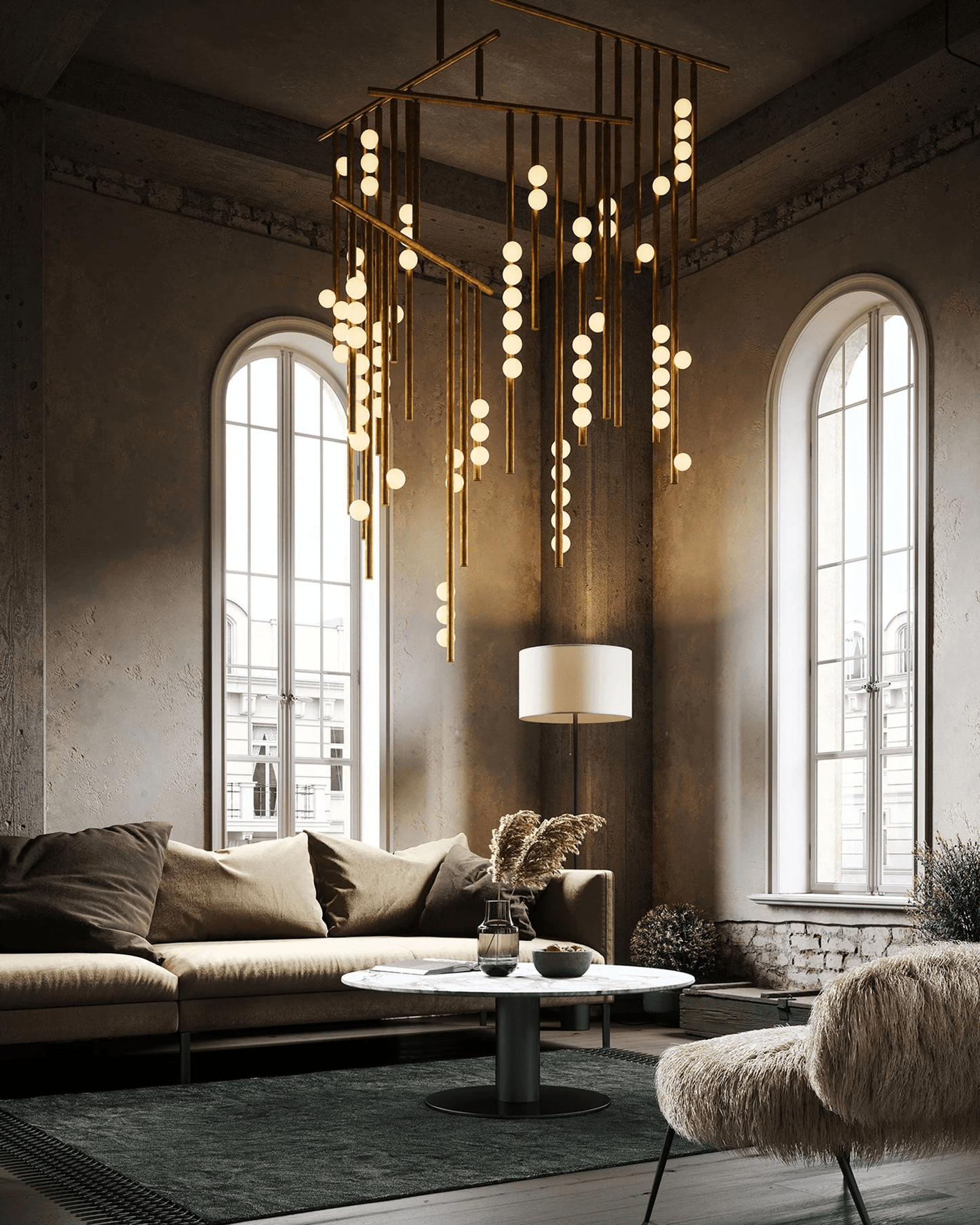 Elegant Brass Glass Drop Chandelier with Adjustable Height & LED Compa