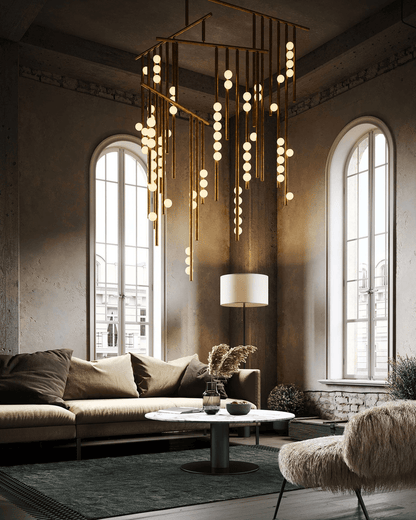 Elegant Brass Glass Drop Chandelier with Adjustable Height & LED Compa