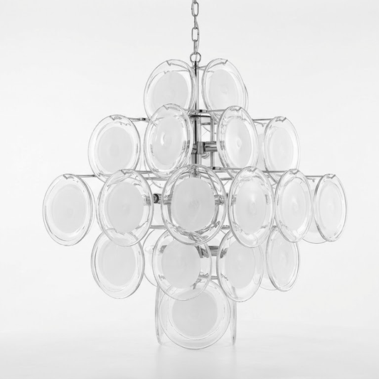 Modern White Glass Disc Chandelier with Adjustable Height & LED Compat