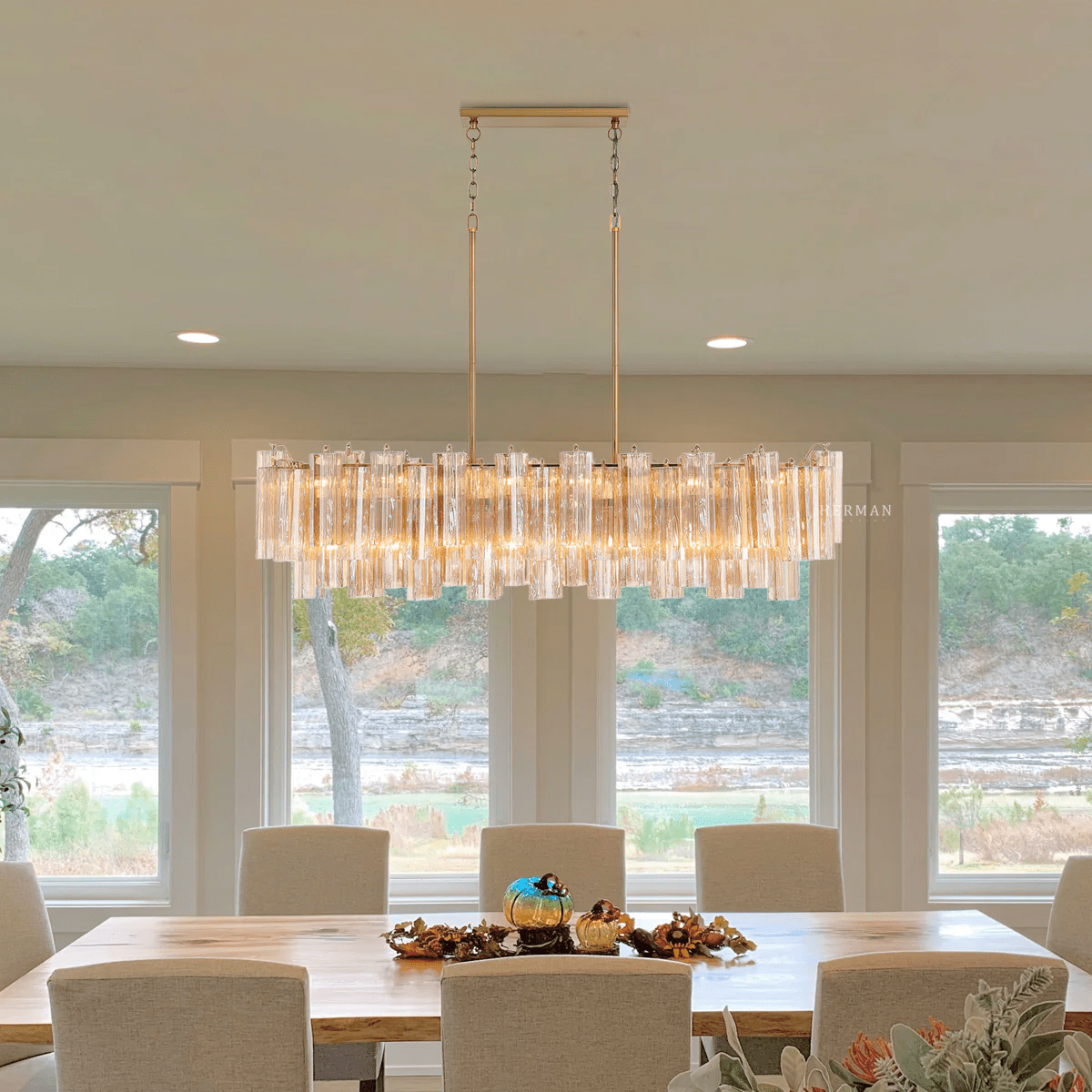 Eloria Modern Glass Linear Chandelier with Adjustable Height & LED Lig