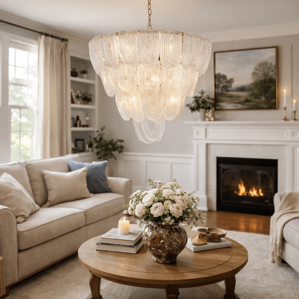Elegant Layered Glass Petal Chandelier with Adjustable Height & LED Co