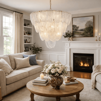 Elegant Layered Glass Petal Chandelier with Adjustable Height & LED Co