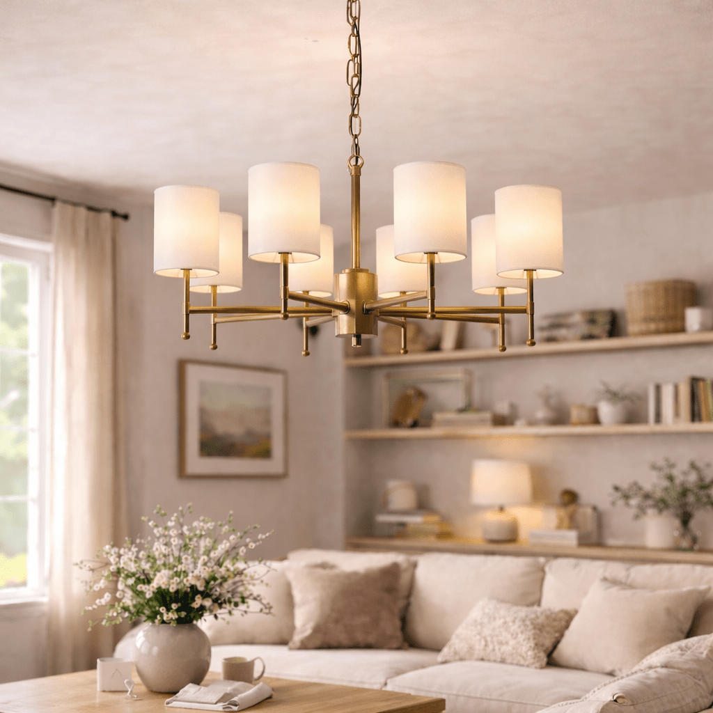 Brass Chandelier with Adjustable Height and Elegant Crystal Accents