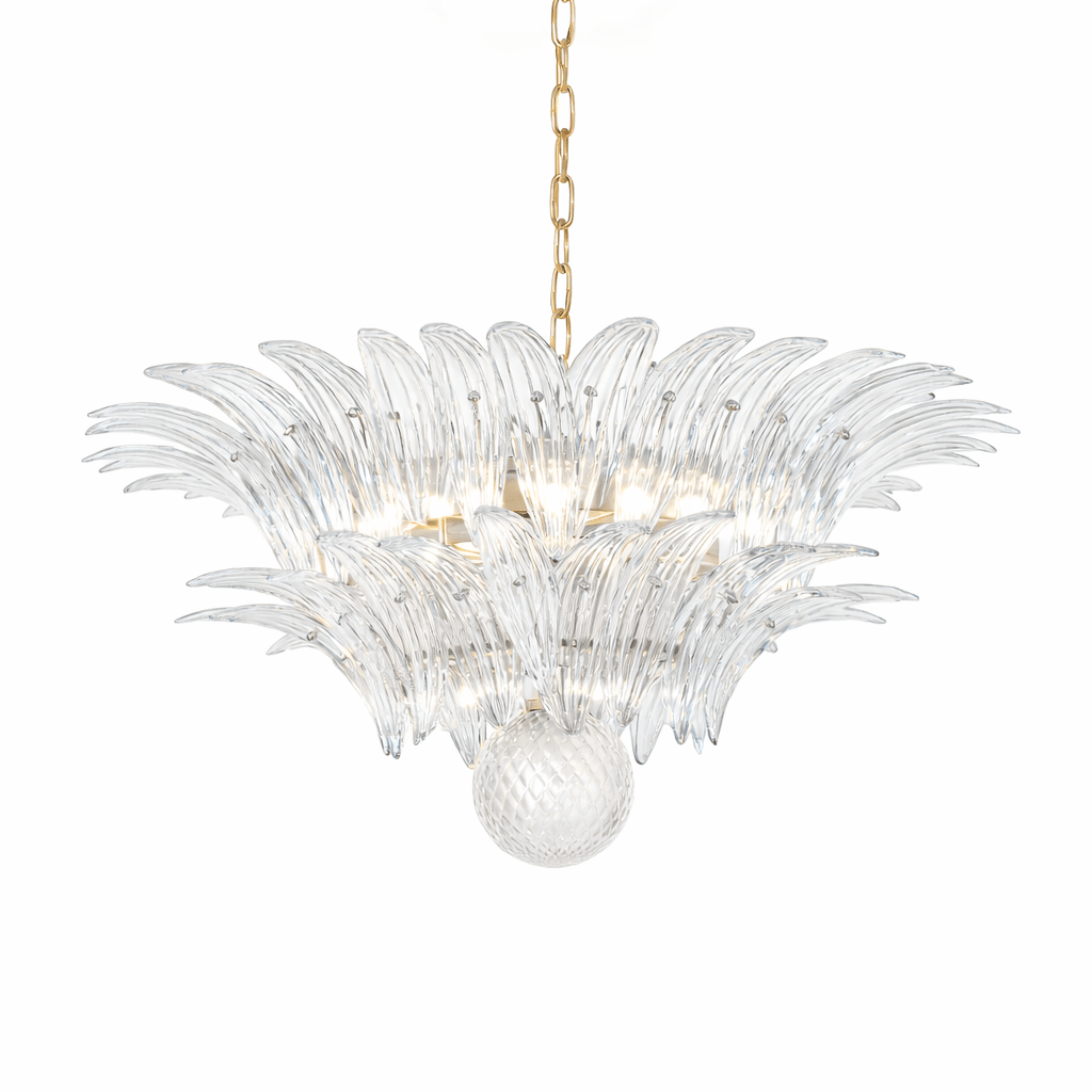 Transparent Glass Palmette Chandelier with Adjustable Height & LED Com