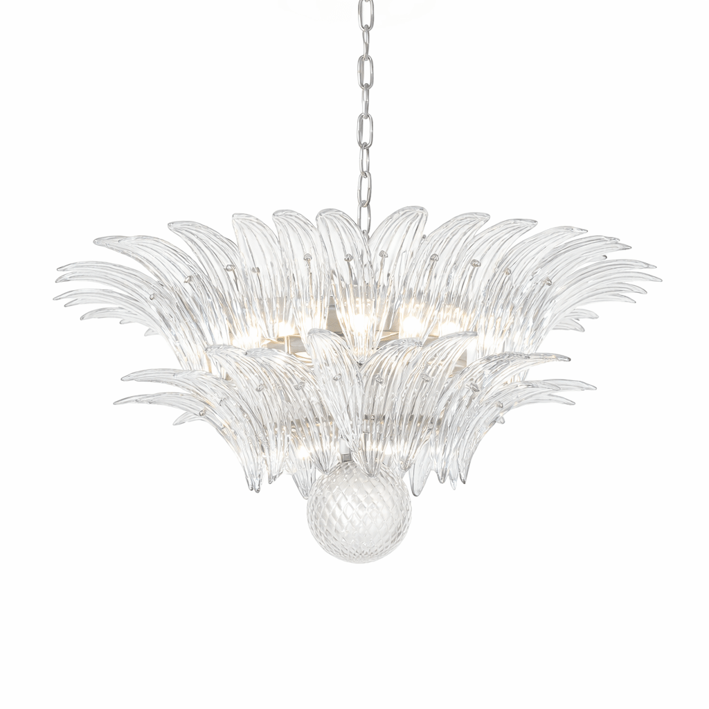 Transparent Glass Palmette Chandelier with Adjustable Height & LED Com