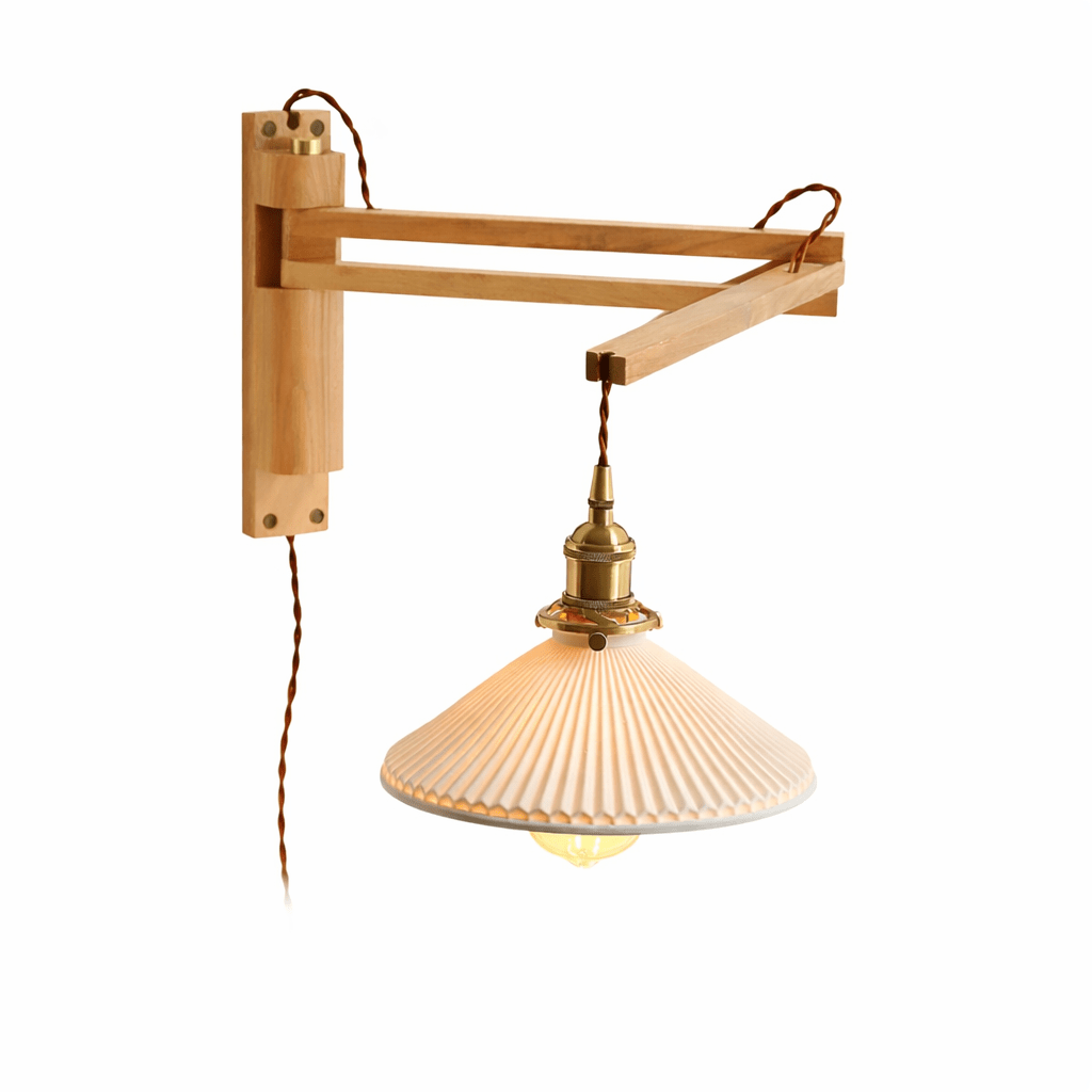 Walnut Swing Arm Wall Lamp - Adjustable Brightness, Vintage Design