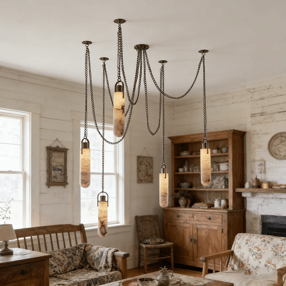 Cylindrical Alabaster Chandelier with Adjustable Height & LED Compatib