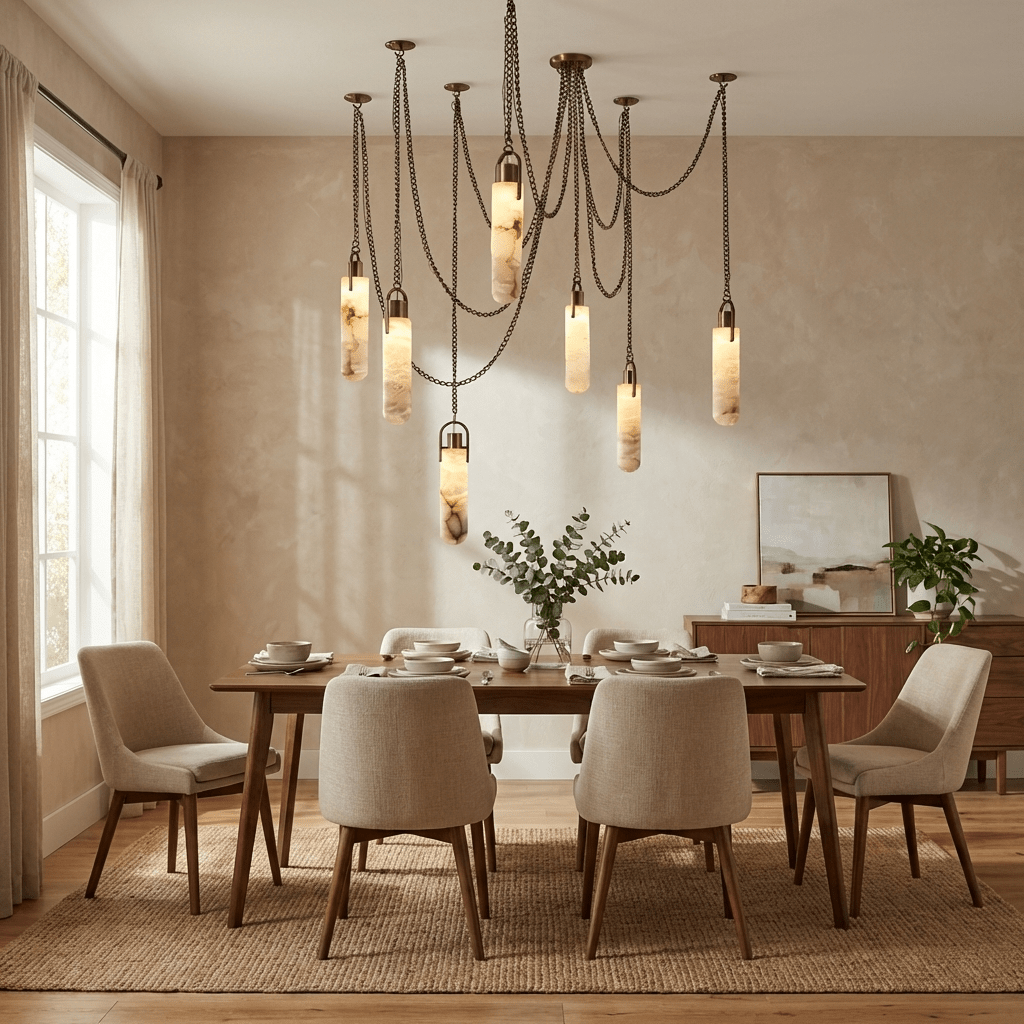 Cylindrical Alabaster Chandelier with Adjustable Height & LED Compatib