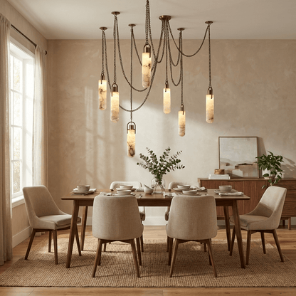 Cylindrical Alabaster Chandelier with Adjustable Height & LED Compatib