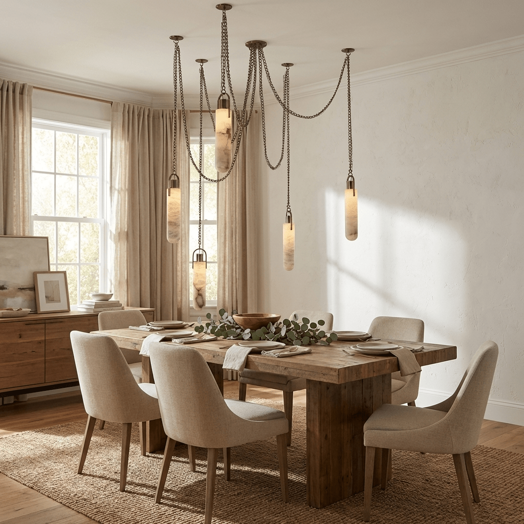 Cylindrical Alabaster Chandelier with Adjustable Height & LED Compatib