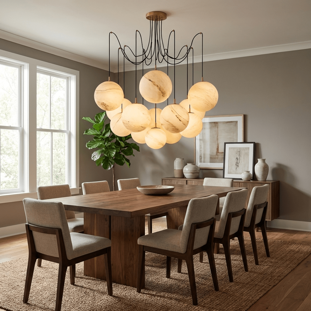Celestara Alabaster Orb Chandelier - Elegant Design & Adjustable Heigh