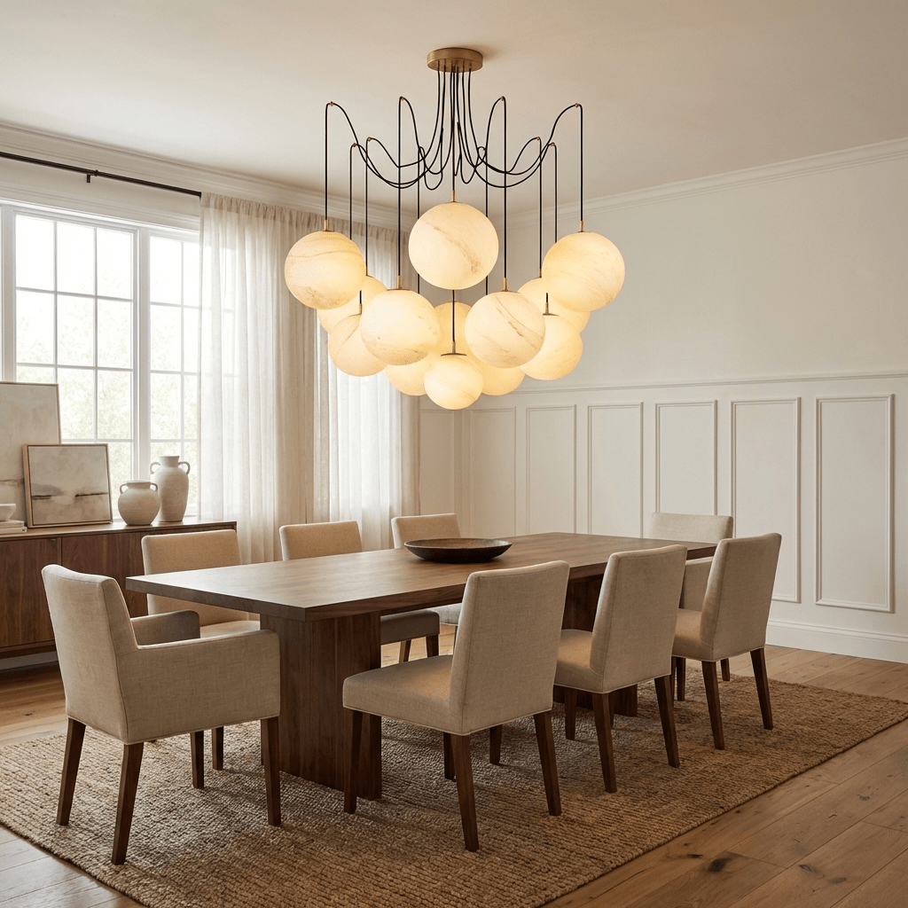 Celestara Alabaster Orb Chandelier - Elegant Design & Adjustable Heigh