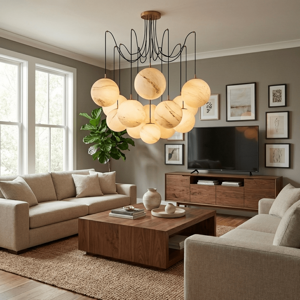 Celestara Alabaster Orb Chandelier - Elegant Design & Adjustable Heigh
