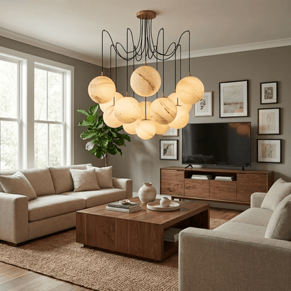 Celestara Alabaster Orb Chandelier - Elegant Design & Adjustable Heigh