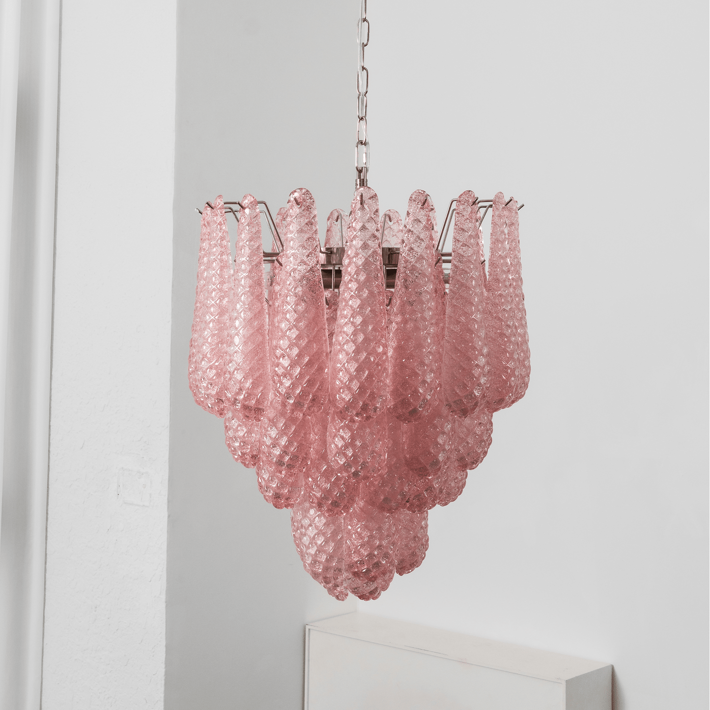 Elegant Pink Glass Droplet Chandelier - Adjustable Height, Modern Desi