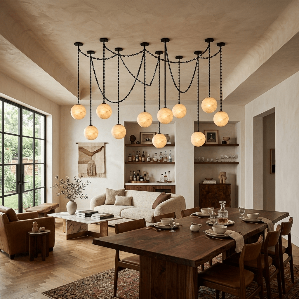 Industrial Alabaster Orb Chain Chandelier with Adjustable Height & Dim