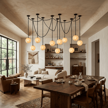 Industrial Alabaster Orb Chain Chandelier with Adjustable Height & Dim