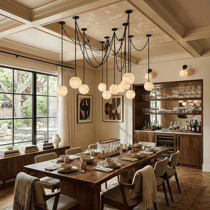 Industrial Alabaster Orb Chain Chandelier with Adjustable Height & Dim