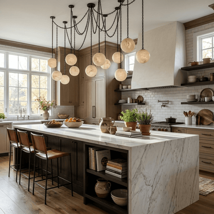 Industrial Alabaster Orb Chain Chandelier with Adjustable Height & Dim
