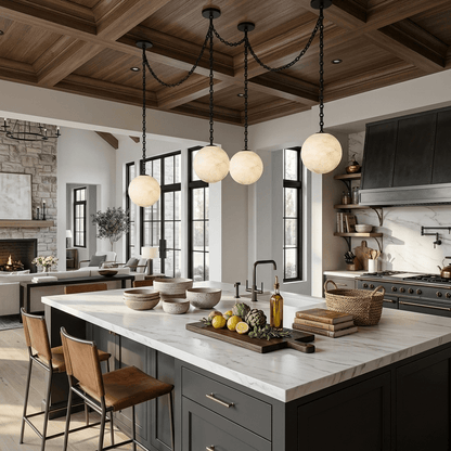 Industrial Alabaster Orb Chain Chandelier with Adjustable Height & Dim
