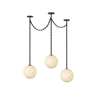 Industrial Alabaster Orb Chain Chandelier with Adjustable Height & Dim