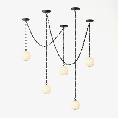 Industrial Alabaster Orb Chain Chandelier with Adjustable Height & Dim
