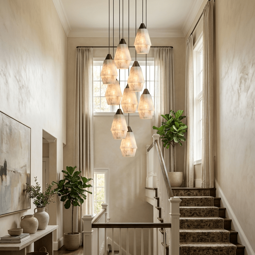 Faceted Alabaster Cluster Chandelier - Elegant Design & Adjustable Hei