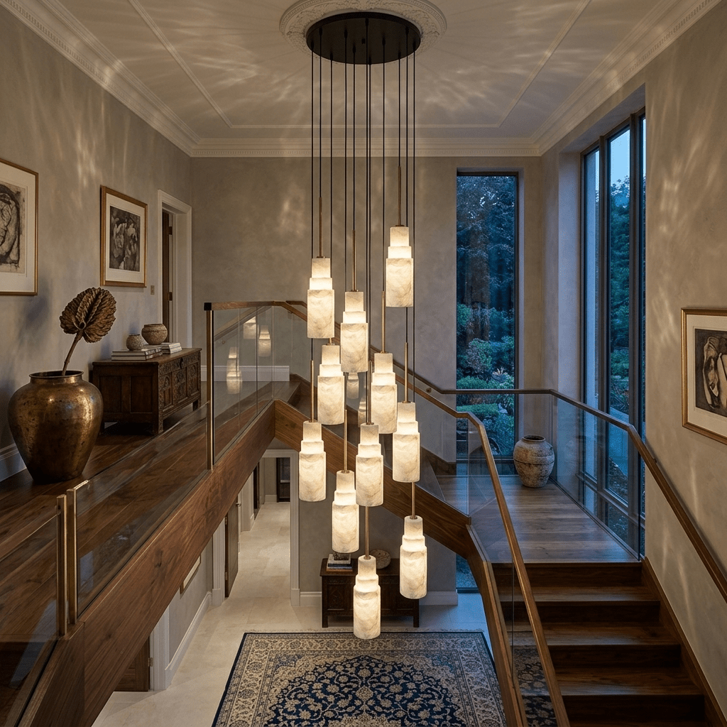 Elegant Tiered Alabaster Cluster Chandelier with Adjustable Height and