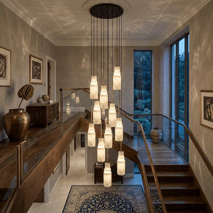 Elegant Tiered Alabaster Cluster Chandelier with Adjustable Height and