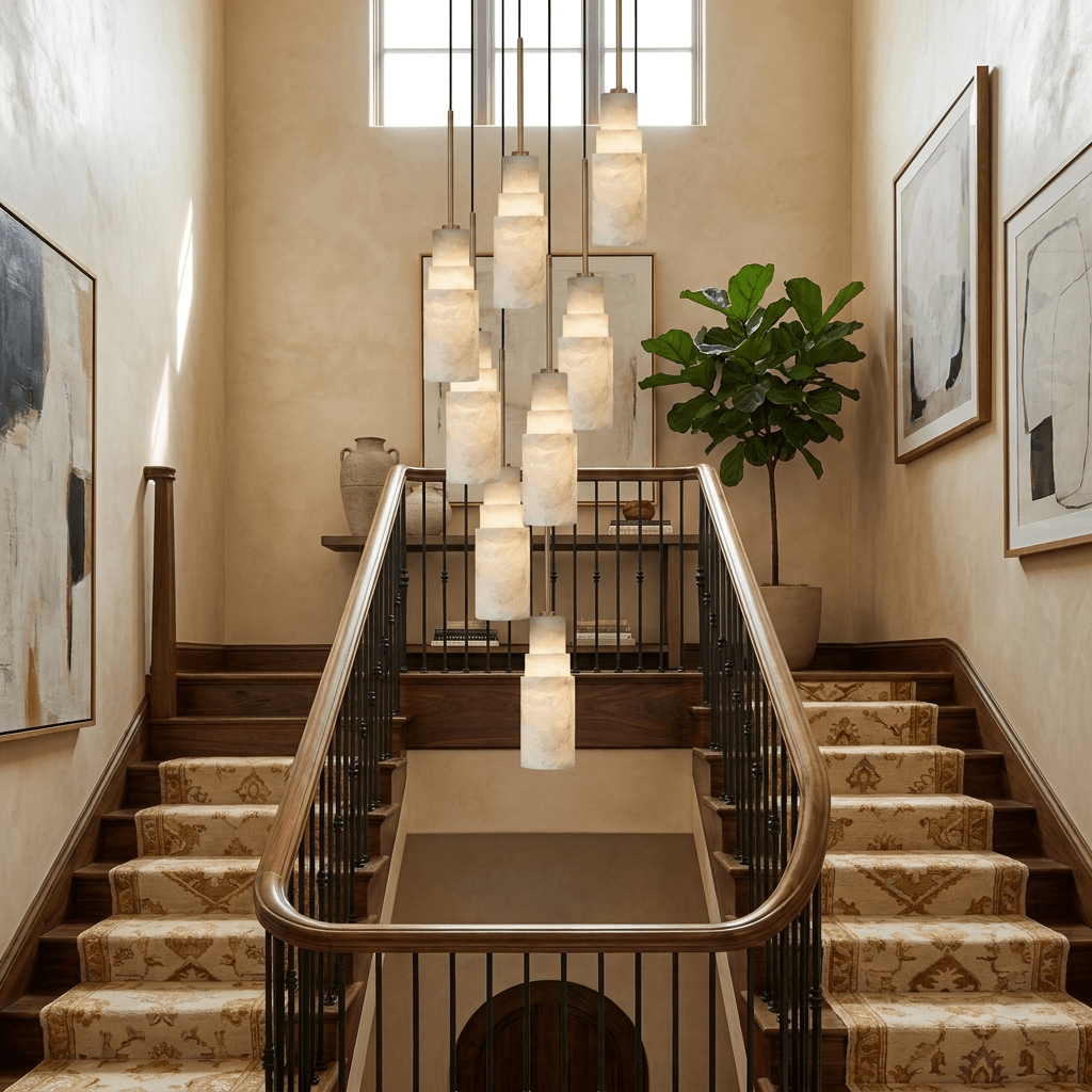 Elegant Tiered Alabaster Cluster Chandelier with Adjustable Height and