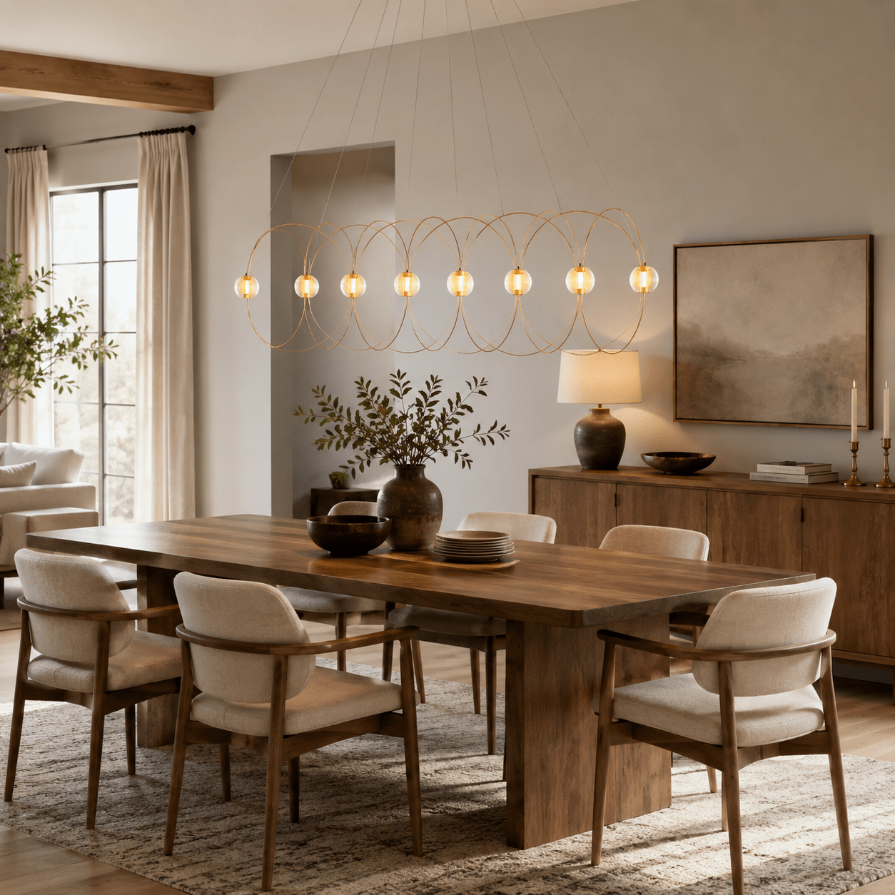 Amber Glass Orb Loop Chandelier - Elegant Design with Adjustable Heigh