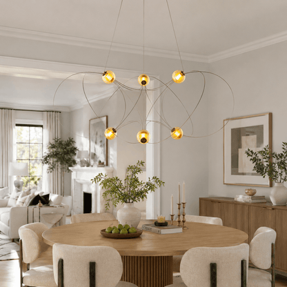 Amber Glass Orb Loop Chandelier - Elegant Design with Adjustable Heigh
