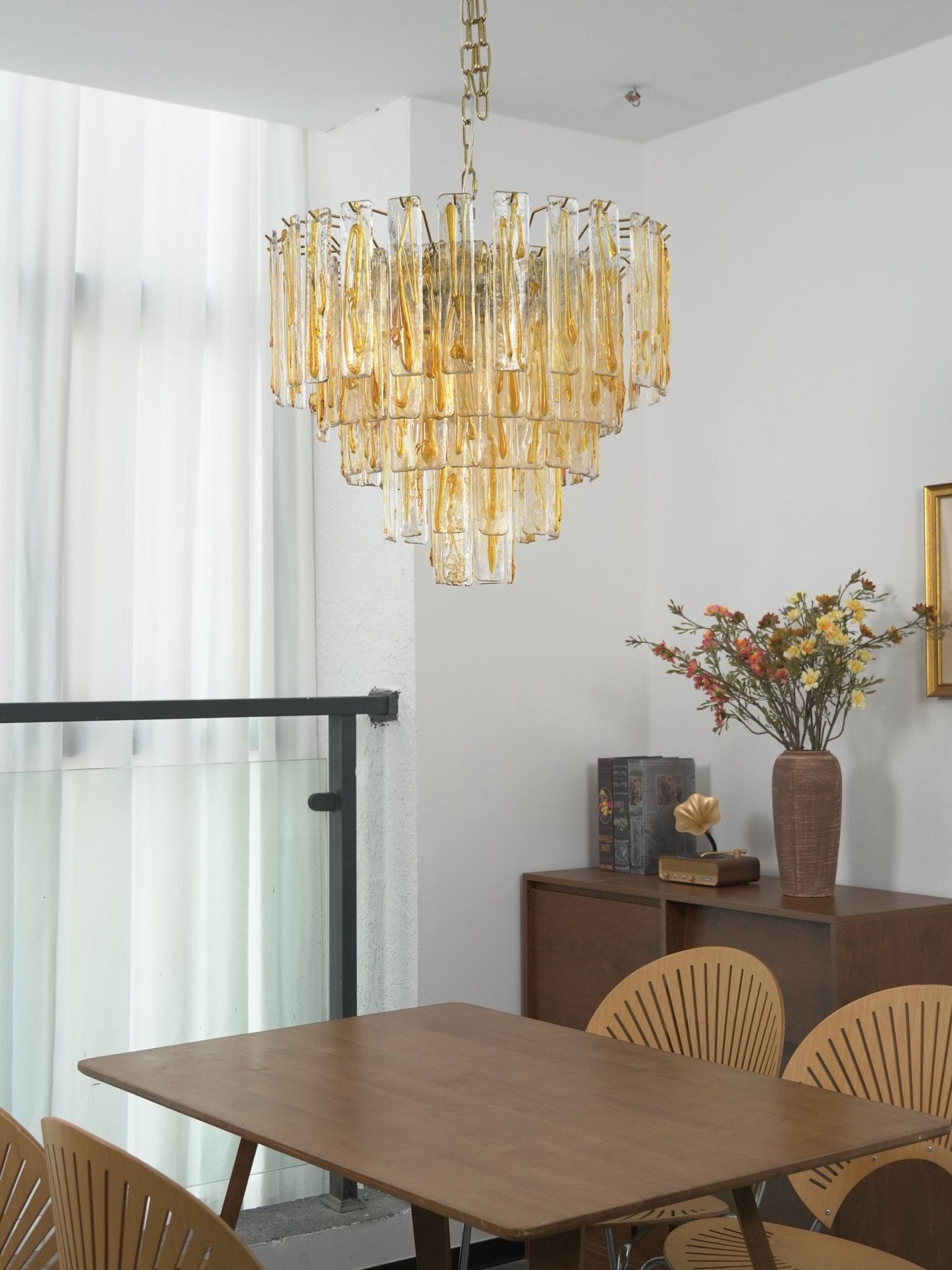 Elegant Golden Amber Glass Chandelier with Adjustable Height & LED Com