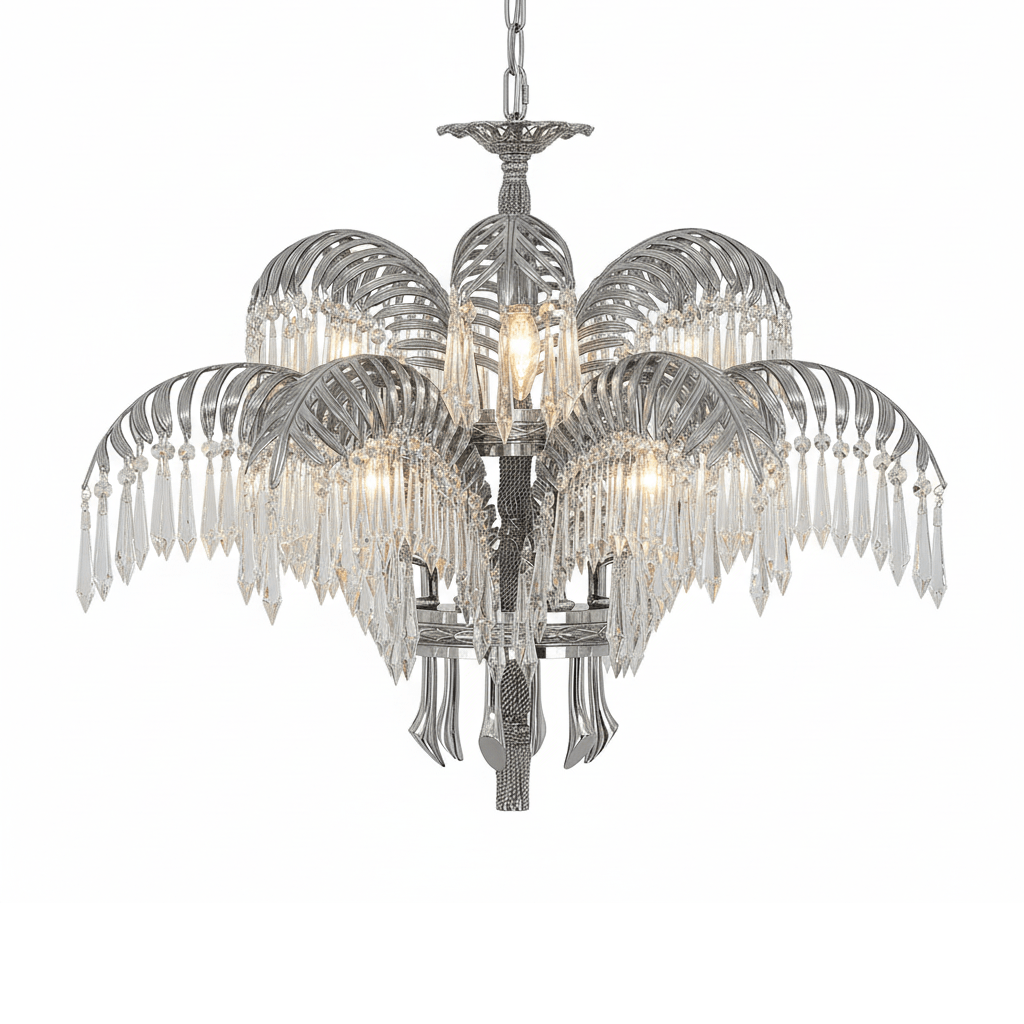 Elegant Brass Palm Leaf Crystal Chandelier with Adjustable Height & Di