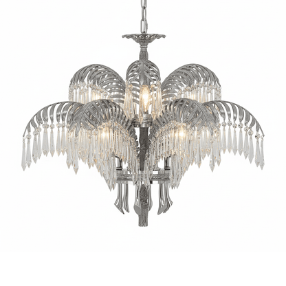 Elegant Brass Palm Leaf Crystal Chandelier with Adjustable Height & Di